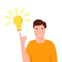 Man points on light bulb over him. Happy male entrepreneur has business idea. Concept of innovation, solution and creativity. Vector cartoon illustration.