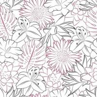 Outline floral seamless pattern. Line art fabric print template. Simple vector hand drawn flower set. Sunflower, monstera leaf, lily, lotus petals. Abstract doodle design.