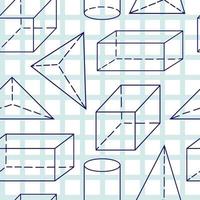 Mathematical vector illustration with geometrical figures, handwritten on the grid copybook paper. Seamless pattern template for fabric print.