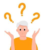 Simple flat vector illustration of question dilemma problem concept, isolated on white cartoon old man character, solution business asking analysis mark.