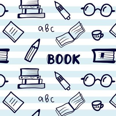 Hand drawn doodle seamless pattern, education concept background. Simple vector wallpaper template. School books isolated icon set. Library clip art, reading hobby. Pen drawing on copybook.