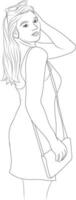 Cute Hand Drawn Pretty Girl Standing and Holding a BagOutline Illustration vector