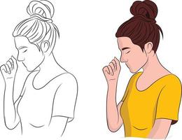 Cute Hand Drawn Pretty Girl With a Messy Bun Wearing a Yellow Shirt Vector Illustration