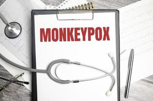 On a wooden background, a stethoscope, a pen and a paper folder with paper and the text MONKEYPOX. medical concept photo