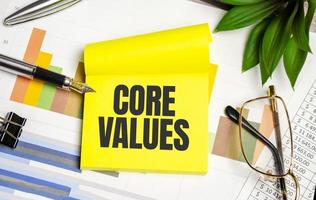 yellow sticker with the text core values and charts photo