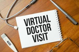 virtual doctor visit words with notepad on wooden background photo