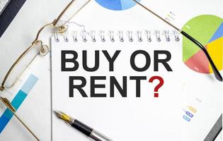 The business card with the text buy or rent is on the financial documents photo