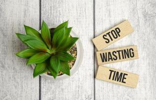 Stop wasting time words on wooden cubes and green plant photo