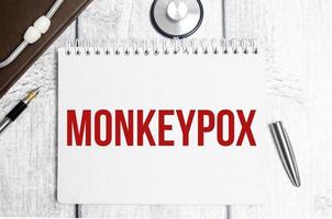 On a wooden background, a stethoscope, a pen and a paper folder with paper and the text MONKEYPOX. medical concept photo