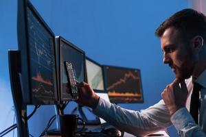 Analyzing data. Stock trader working in the office with exchange technology photo