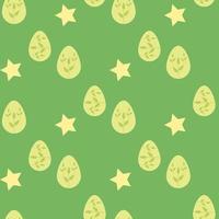 Seamless pattern with green Easter eggs and stars on green background. Vector image.