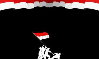 silhouette of soldier raising indonesian flag with copy space vector