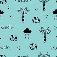 Seamless summer blue print. Vector doodle pattern with palm, beach, seashell. Doodle background.