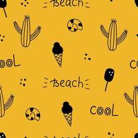 Seamless summer yellow print. Vector doodle pattern with cactus, beach, ice cream, seashell. Doodle background.