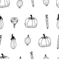 Black and white seamless hand-drawn pattern with vegetables. Vector print with pumpkin, carrot, onion, beet and eggplant. Doodle healthy food background.