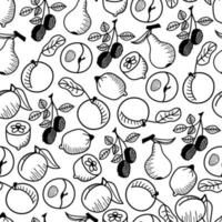 Seamless fruit pattern. Vector print with lemon, apple, blackberry, pear and peach. Hand drawn black and white fruit background.