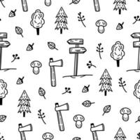 Seamless hand-drawn pattern camping, hiking, forest, nature. Vector summer doodle print, black and white background.