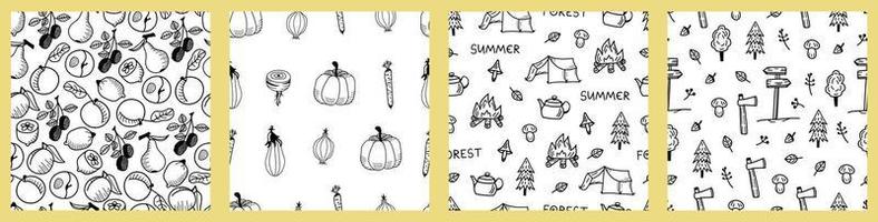 Set of summer doodle patterns with fruits, vegetables, camping, hiking. Vector hand drawn prints, backgrounds for textile, fabric, paper.