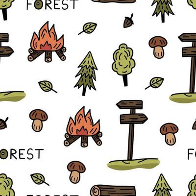 Seamless doodle pattern camping, forest, hike. Hand drawn children's print with trees, bonfire, mushrooms. Summer background.