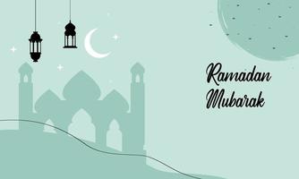 Modern style Ramadan Mubarak greeting cards with retro boho design, moon, mosque dome and lanterns vector