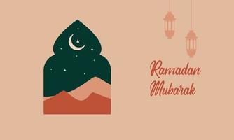 Modern style Ramadan Mubarak greeting cards with retro boho design, moon, mosque dome and lanterns vector