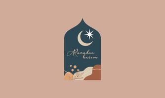 Modern style Ramadan Mubarak greeting cards with retro boho design, moon, mosque dome and lanterns vector