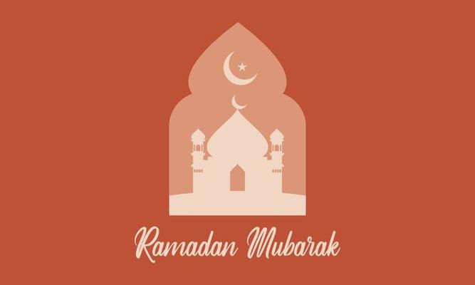 Modern style Ramadan Mubarak greeting cards with retro boho design, moon, mosque dome and lanterns