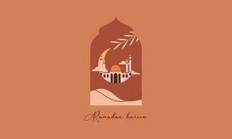 Modern style Ramadan Mubarak greeting cards with retro boho design, moon, mosque dome and lanterns vector