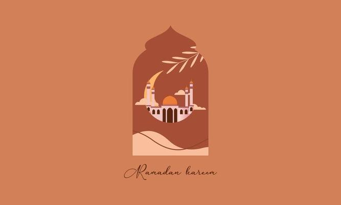 Modern style Ramadan Mubarak greeting cards with retro boho design, moon, mosque dome and lanterns