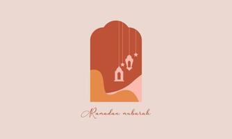 Modern style Ramadan Mubarak greeting cards with retro boho design, moon, mosque dome and lanterns vector