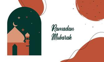 Modern style Ramadan Mubarak greeting cards with retro boho design, moon, mosque dome and lanterns vector