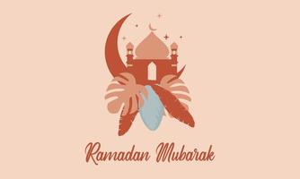 Modern style Ramadan Mubarak greeting cards with retro boho design, moon, mosque dome and lanterns vector
