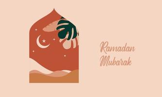 Modern style Ramadan Mubarak greeting cards with retro boho design, moon, mosque dome and lanterns vector