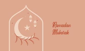 Modern style Ramadan Mubarak greeting cards with retro boho design, moon, mosque dome and lanterns vector