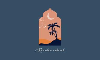 Modern style Ramadan Mubarak greeting cards with retro boho design, moon, mosque dome and lanterns vector