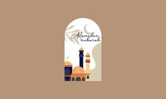 Modern style Ramadan Mubarak greeting cards with retro boho design, moon, mosque dome and lanterns vector