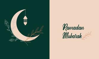 Modern style Ramadan Mubarak greeting cards with retro boho design, moon, mosque dome and lanterns vector