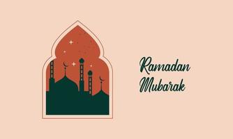 Modern style Ramadan Mubarak greeting cards with retro boho design, moon, mosque dome and lanterns vector