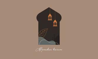 Modern style Ramadan Mubarak greeting cards with retro boho design, moon, mosque dome and lanterns vector