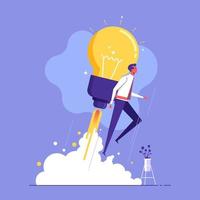 Creative new idea, innovation start up business or inspiration to achieve success goal concept, businessman or leader with light bulb rocket booster vector