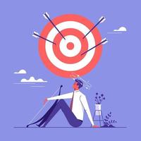 Businessman hit Many arrows missed target mark miss, business challenge failure metaphor, multiple failed inaccurate attempts to hit archery target vector