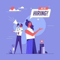 Vector illustration of employer shout in loud speaker and recruit new employees. We are hiring, job vacancy or headhunting, HR managers announce vacancy concept