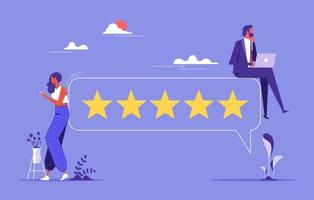 People Characters Giving Five Star Feedback, vector customer review concepts, reviews stars with good and bad rate and text. Vector Illustrations