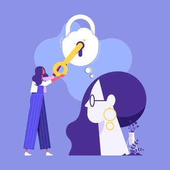 Businessman holding a key unlocking another man mind, thought bubble with keyhole, Unlock and Read minds concept vector