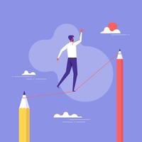 Business creative solution vector concept with businessman walking tightrope between pencils. Symbol of creativity, innovation, inspiration and success