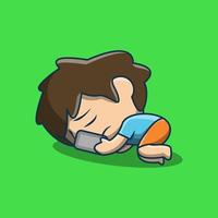 Cute Illustration of a Sad Little Boy Looking at His Cellphone vector