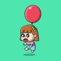 Cute Illustration of Little Girl Flying Using Balloon