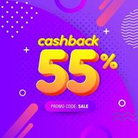 modern Banner design template with 55 percent cashback offer. Vector illustration for promotion discount sale advertising