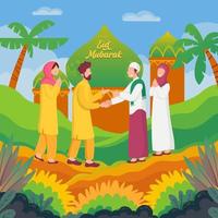 Happy Eid mubarak greeting card. Muslim people celebrating Eid al-fitr mubarak vector