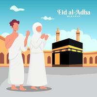 Happy Eid al-Adha mubarak with muslim people character and Kaaba. Hajj or umrah vector illustration